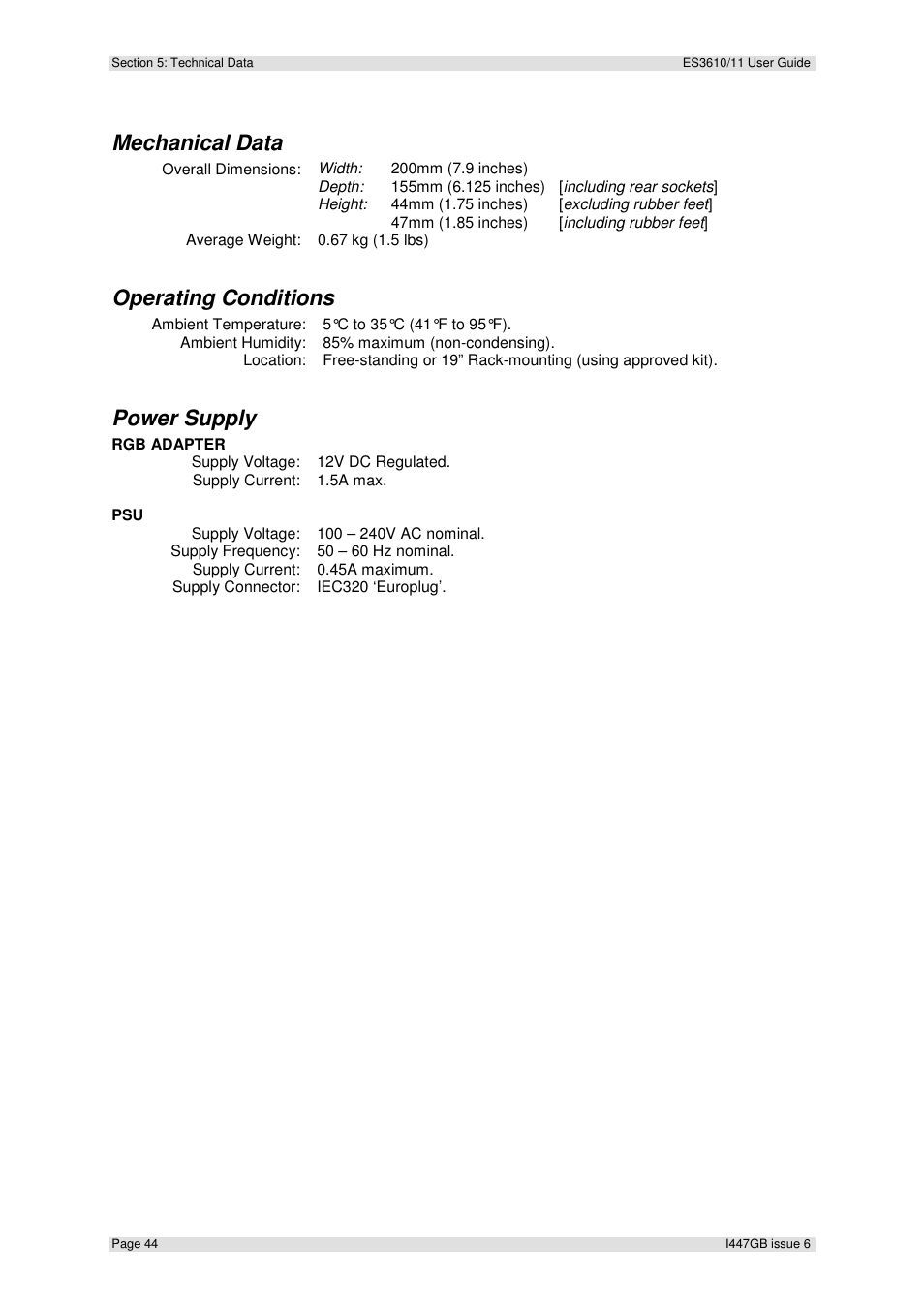 Mechanical data, Operating conditions, Power supply | Extron Electronics ES3610_11 User Guide User Manual | Page 44 / 59