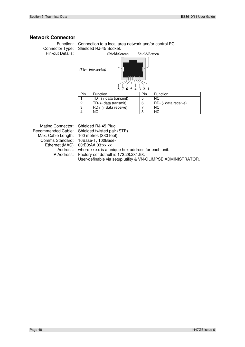 Network connector | Extron Electronics ES3610_11 User Guide User Manual | Page 48 / 59
