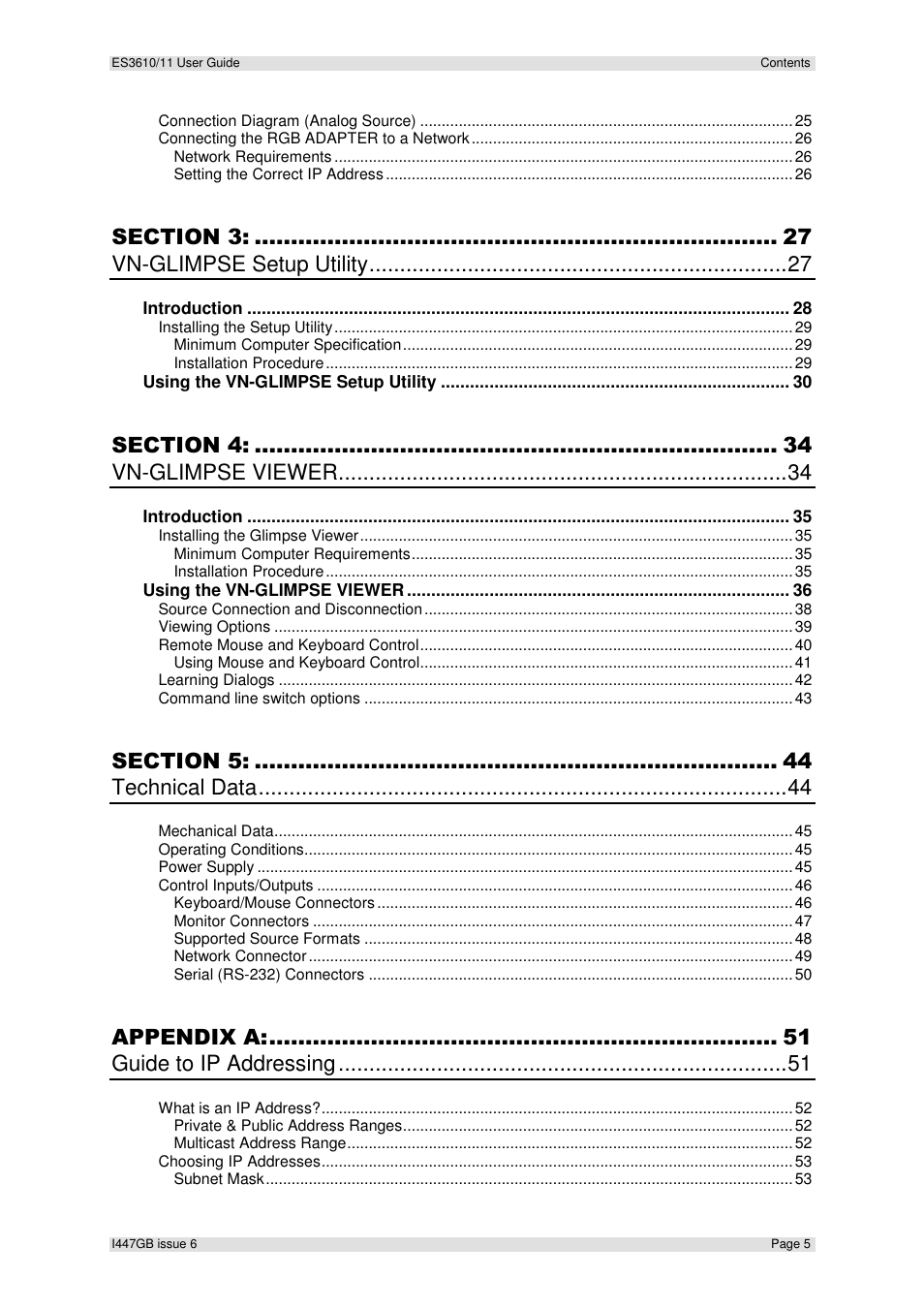 Vn-glimpse setup utility, Vn-glimpse viewer, Technical data | Appendix a, Guide to ip addressing | Extron Electronics ES3610_11 User Guide User Manual | Page 5 / 59
