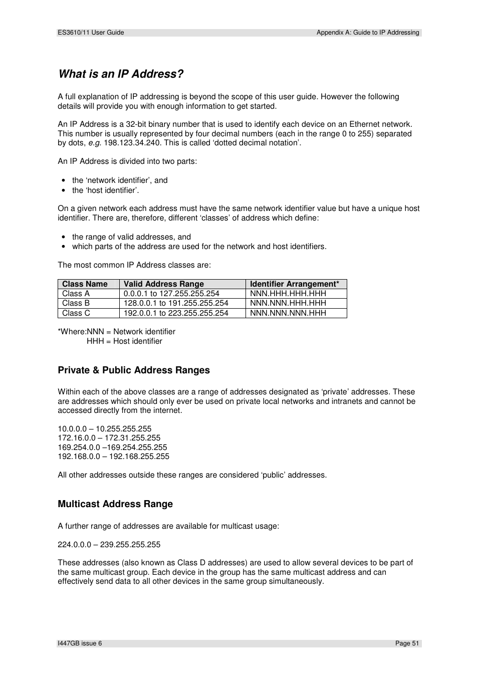 What is an ip address, Private & public address ranges, Multicast address range | Extron Electronics ES3610_11 User Guide User Manual | Page 51 / 59