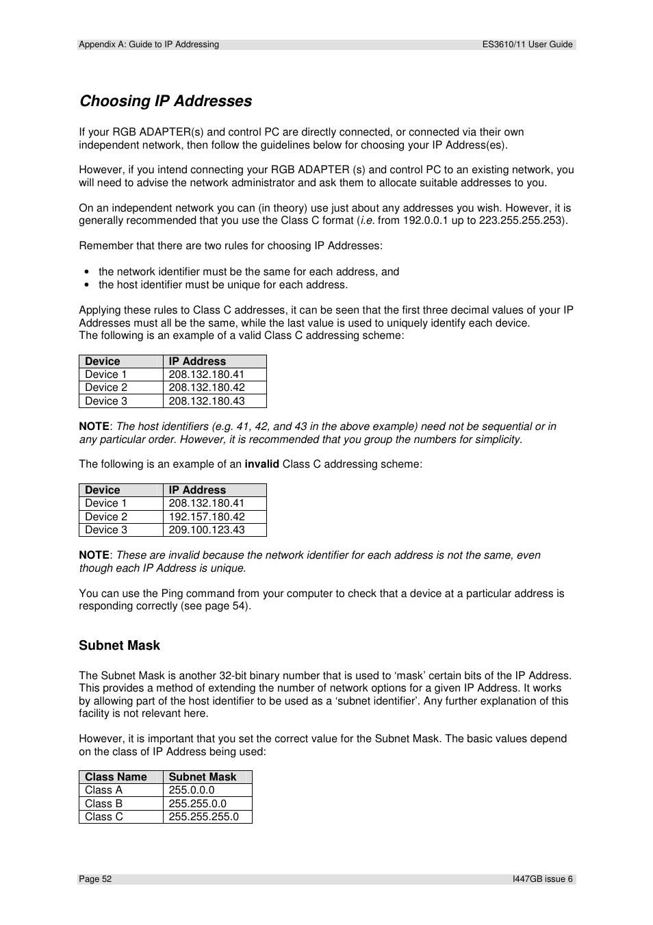 Choosing ip addresses, Subnet mask | Extron Electronics ES3610_11 User Guide User Manual | Page 52 / 59