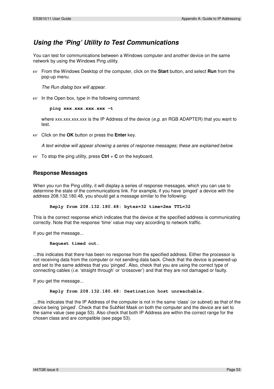 Using the ‘ping’ utility to test communications, Response messages | Extron Electronics ES3610_11 User Guide User Manual | Page 53 / 59