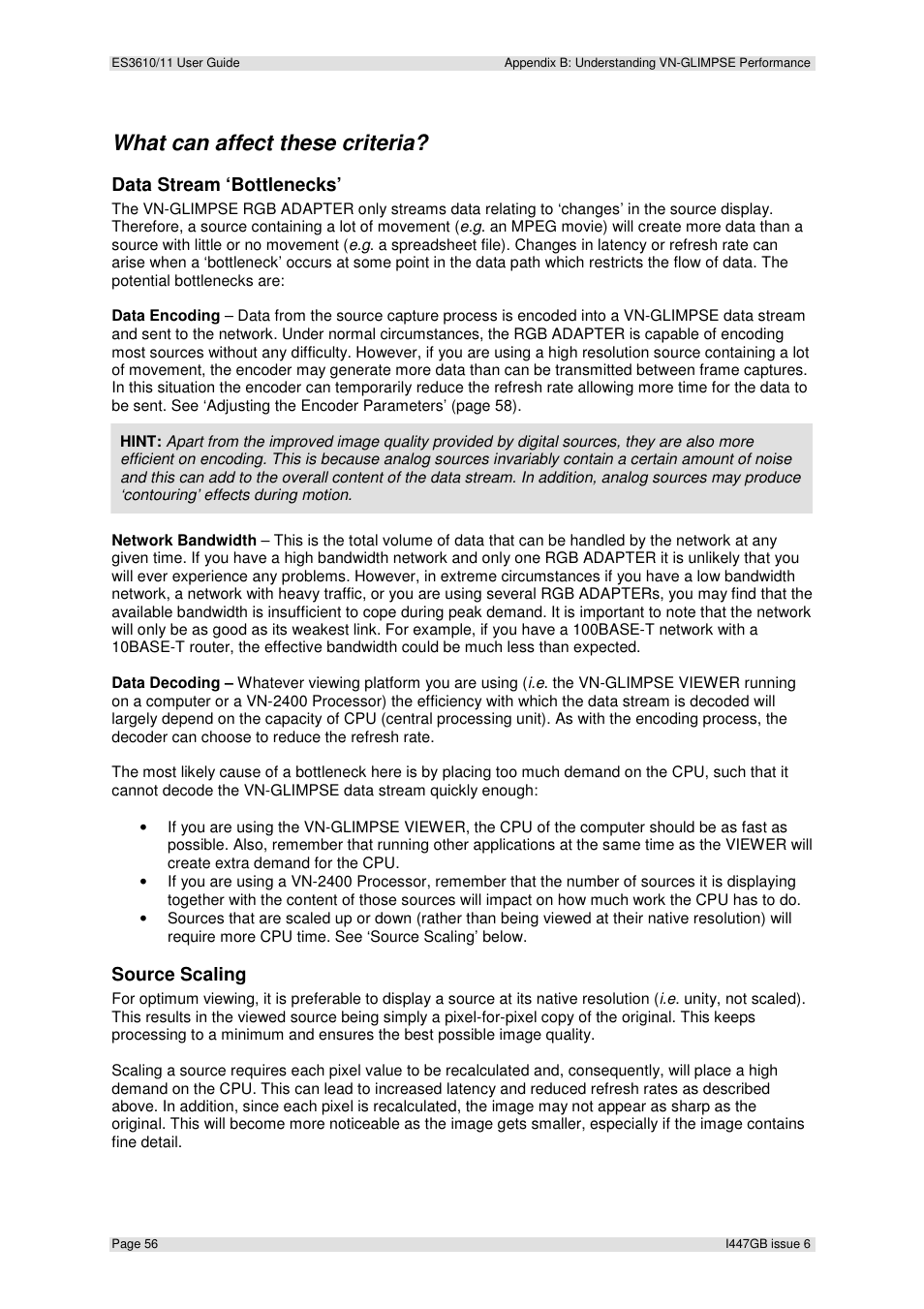 What can affect these criteria, Data stream ‘bottlenecks, Source scaling | Extron Electronics ES3610_11 User Guide User Manual | Page 56 / 59