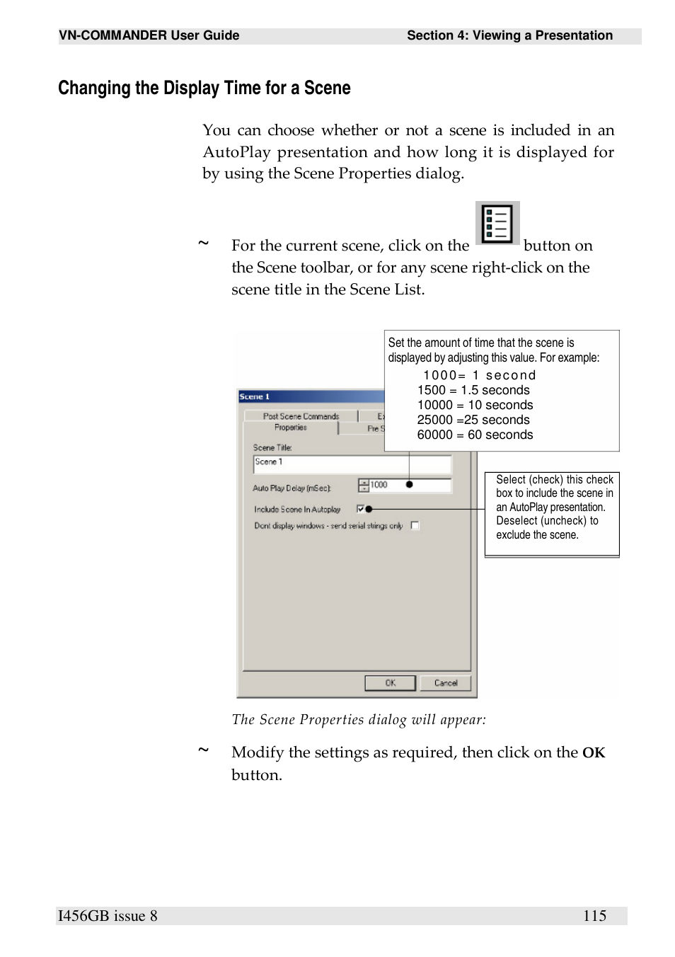 Changing the display time for a scene | Extron Electronics VN-COMMANDER User Manual | Page 125 / 155