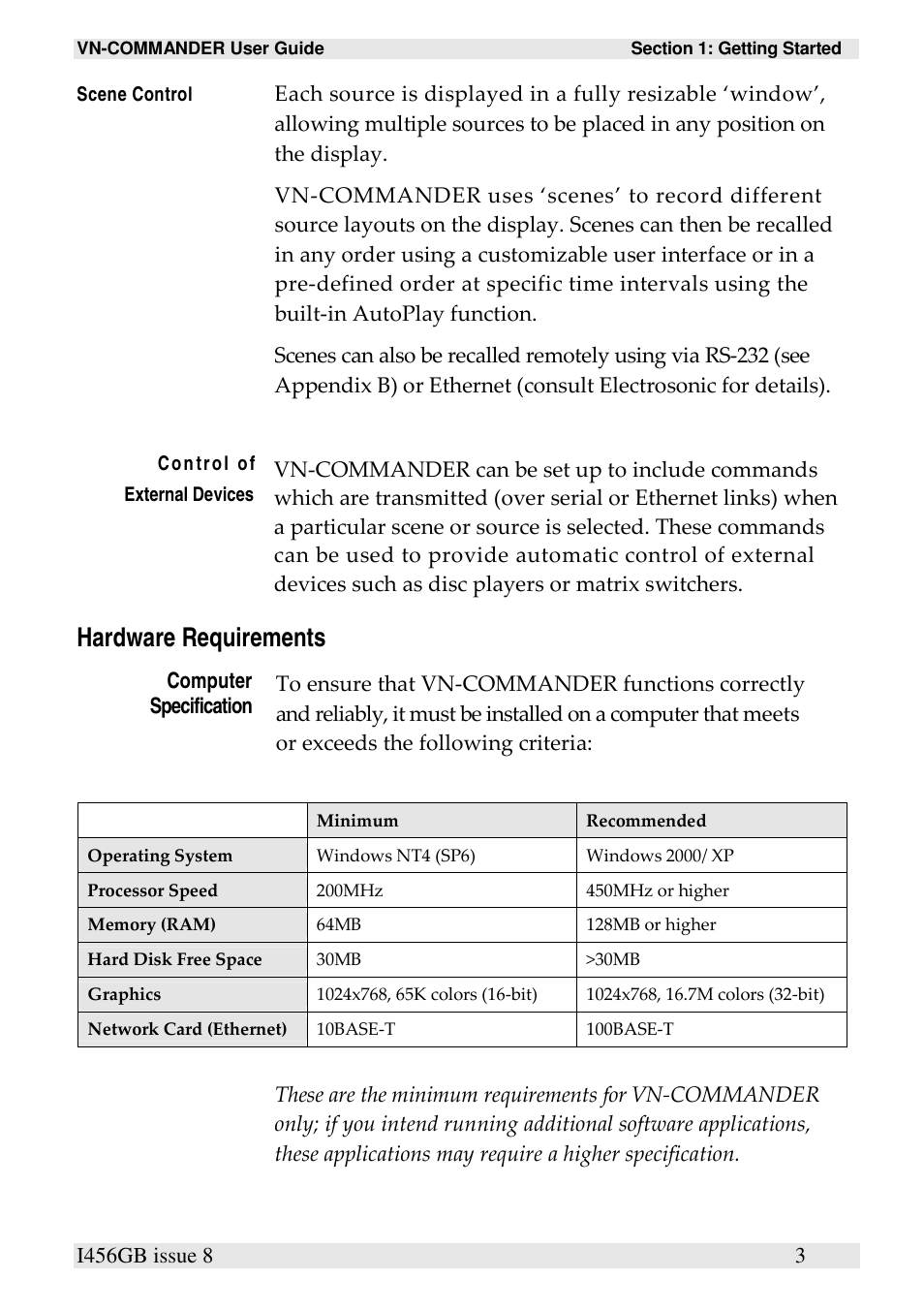 Hardware requirements | Extron Electronics VN-COMMANDER User Manual | Page 13 / 155