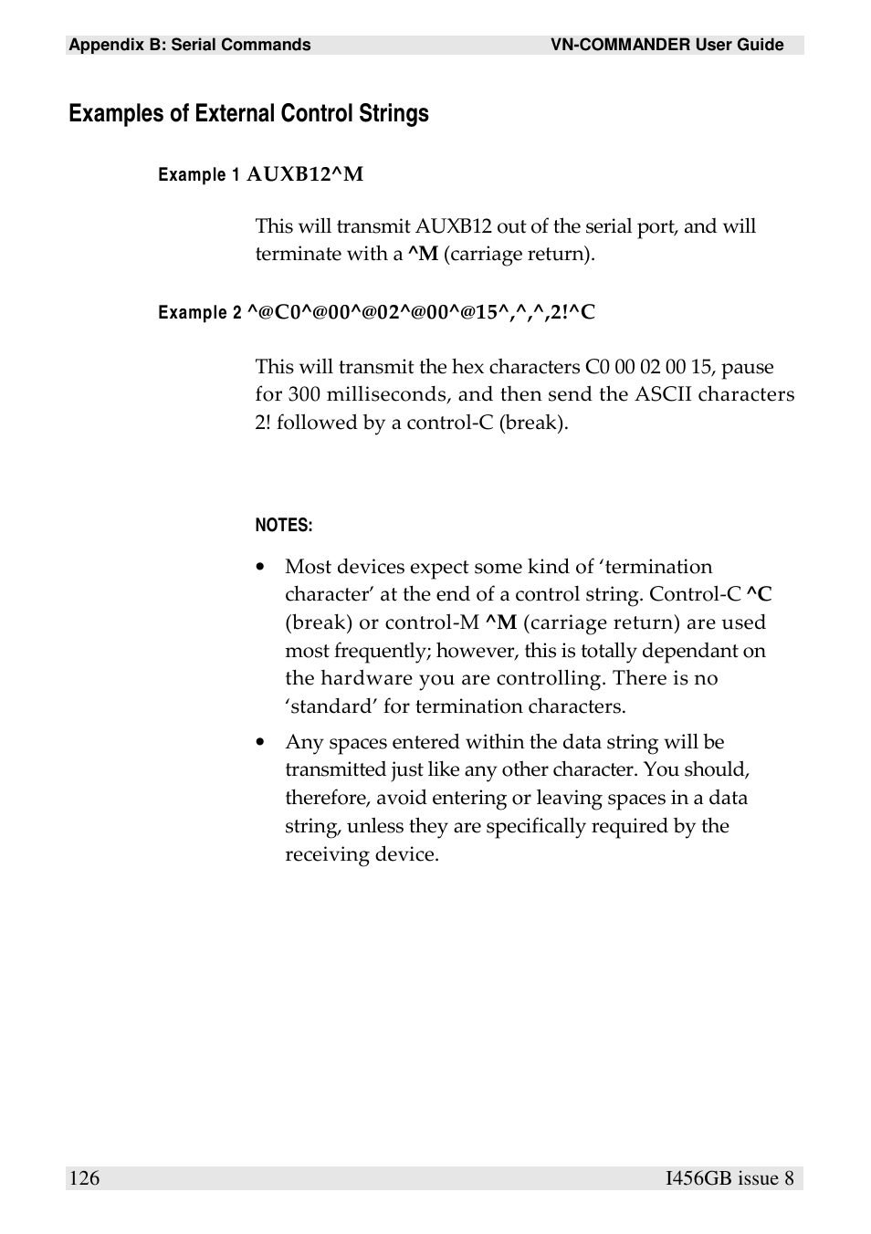 Examples of external control strings | Extron Electronics VN-COMMANDER User Manual | Page 136 / 155