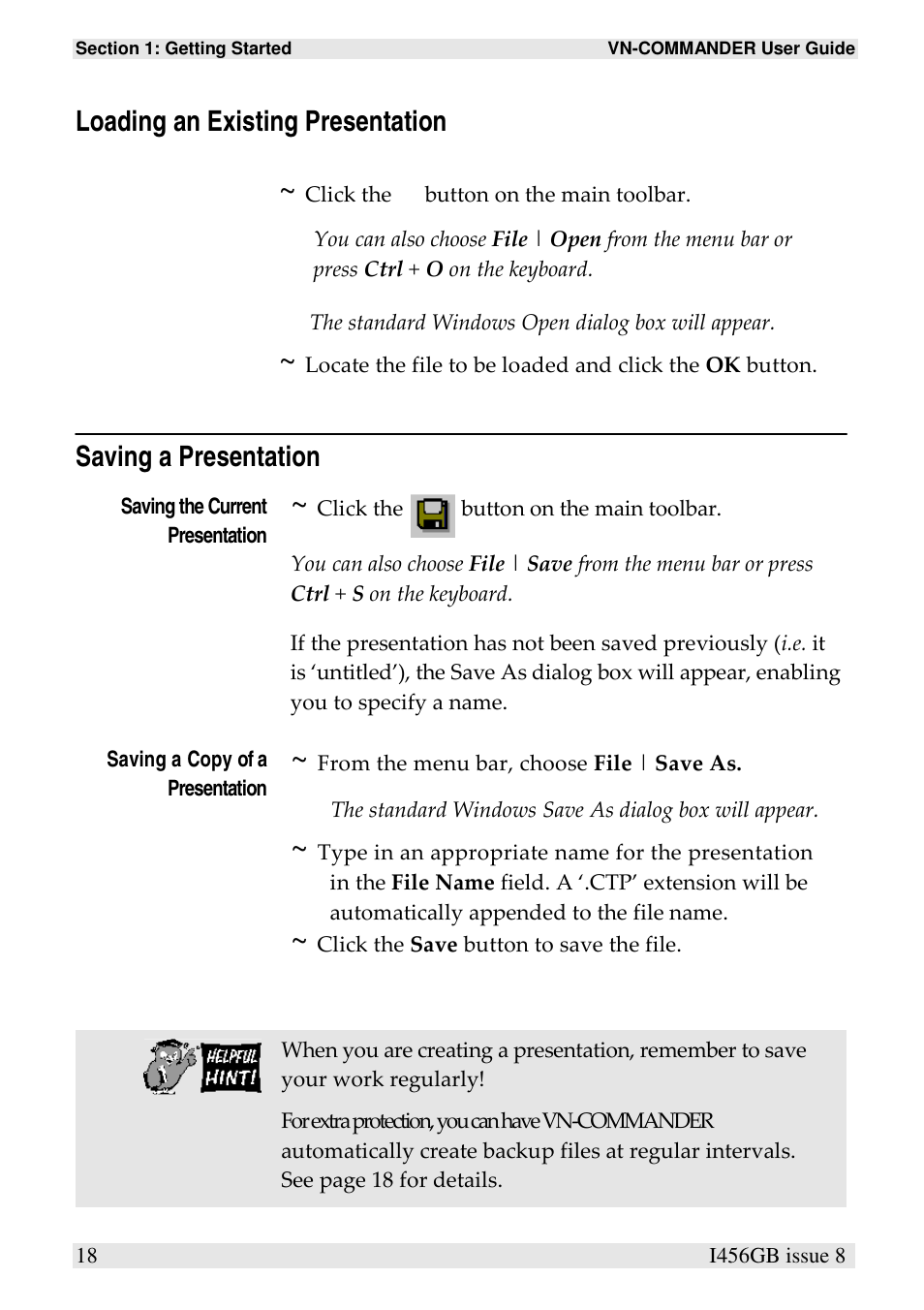 Loading an existing presentation, Saving a presentation | Extron Electronics VN-COMMANDER User Manual | Page 28 / 155