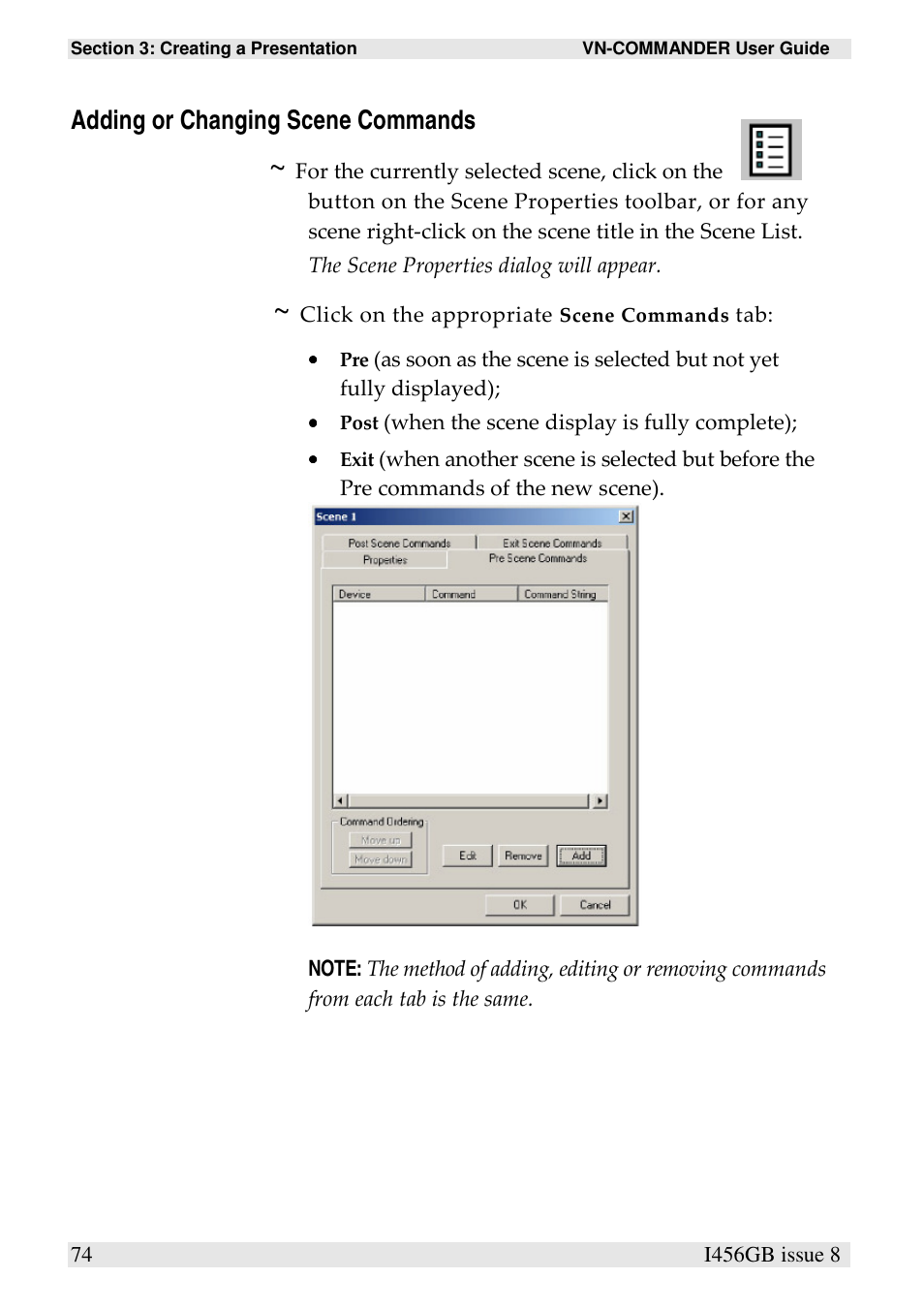 Adding or changing scene commands | Extron Electronics VN-COMMANDER User Manual | Page 84 / 155