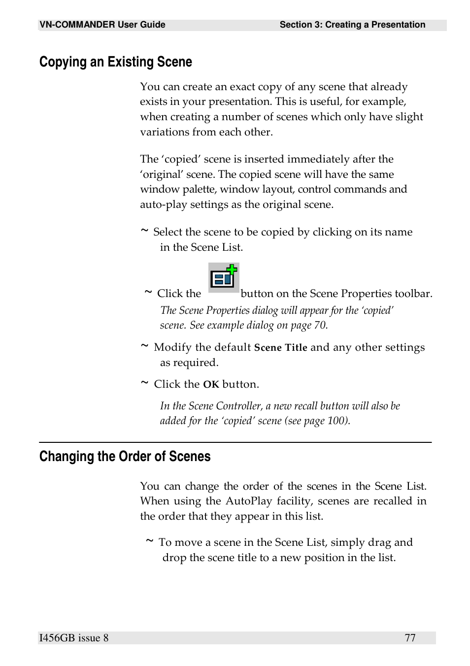 Copying an existing scene, Changing the order of scenes | Extron Electronics VN-COMMANDER User Manual | Page 87 / 155