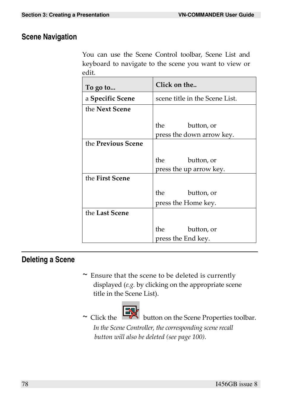 Scene navigation, Deleting a scene | Extron Electronics VN-COMMANDER User Manual | Page 88 / 155