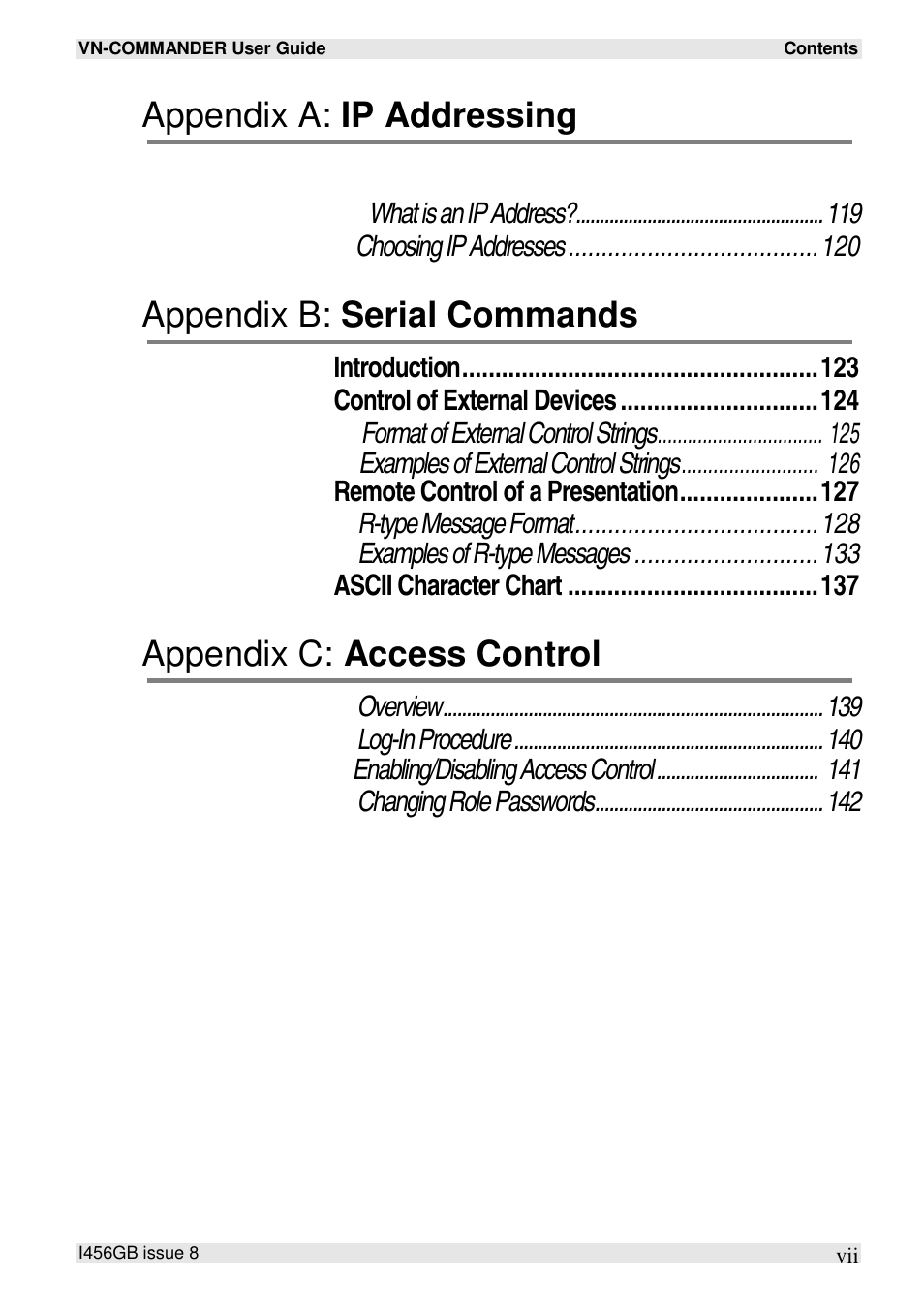 Appendix a: ip addressing, Appendix b: serial commands, Appendix c: access control | Extron Electronics VN-COMMANDER User Manual | Page 9 / 155