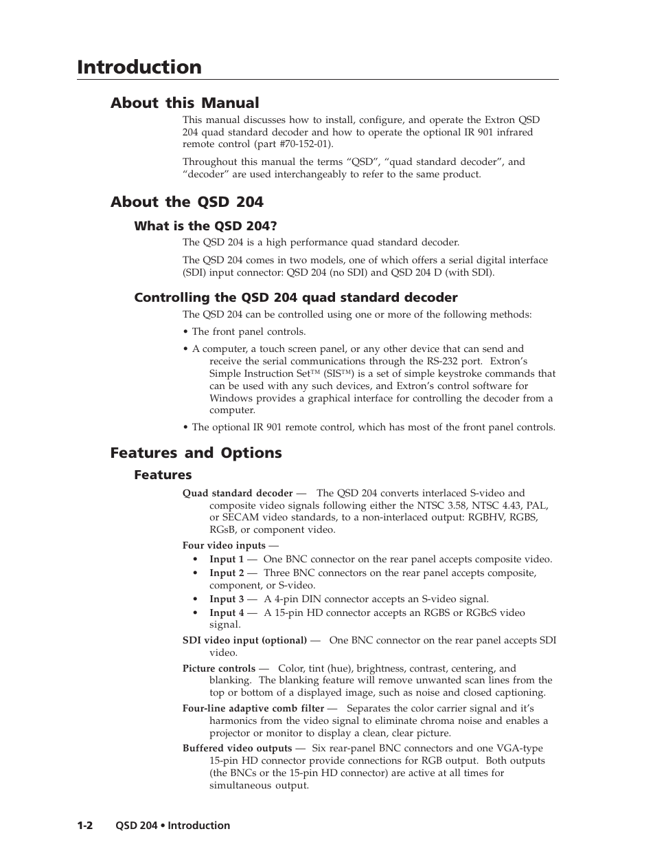 Introduction, About this manual, About the qsd 204 | Features and options | Extron Electronics QSD 204_204D User Guide User Manual | Page 10 / 48
