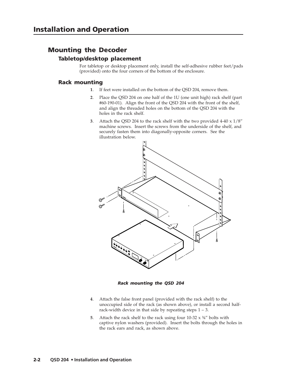 Installation and operation, Mounting the decoder, Tabletop/desktop placement | Rack mounting | Extron Electronics QSD 204_204D User Guide User Manual | Page 14 / 48