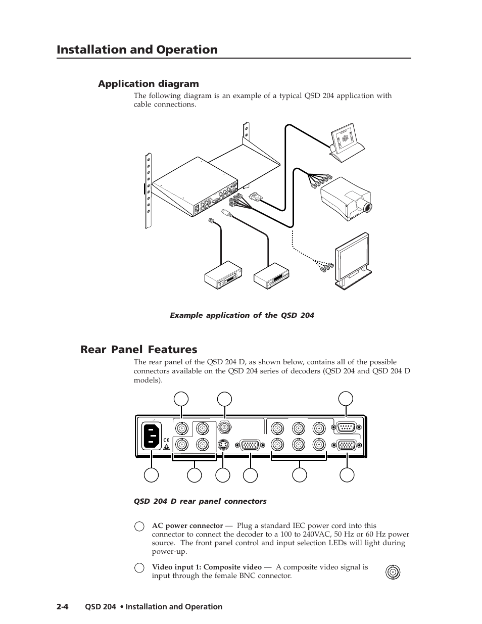 Installation and operation, Rear panel features, Extron qsd 204 | Application diagram | Extron Electronics QSD 204_204D User Guide User Manual | Page 16 / 48