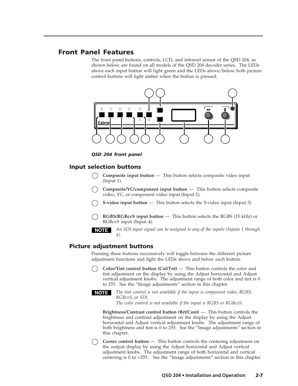 Front panel features, Input selection buttons, Picture adjustment buttons | Extron Electronics QSD 204_204D User Guide User Manual | Page 19 / 48