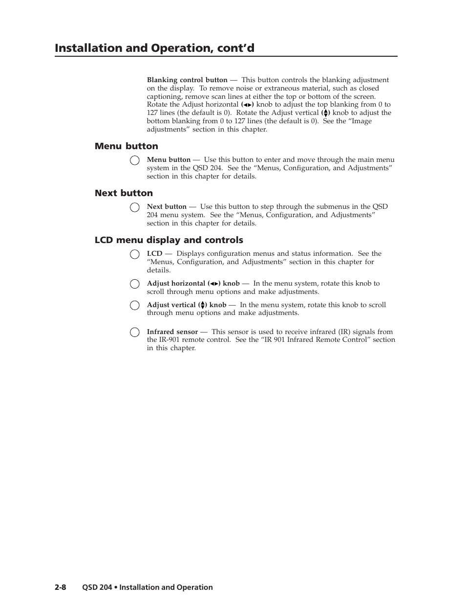 Installation and operation, cont’d, Menu button, Next button | Lcd menu display and controls | Extron Electronics QSD 204_204D User Guide User Manual | Page 20 / 48