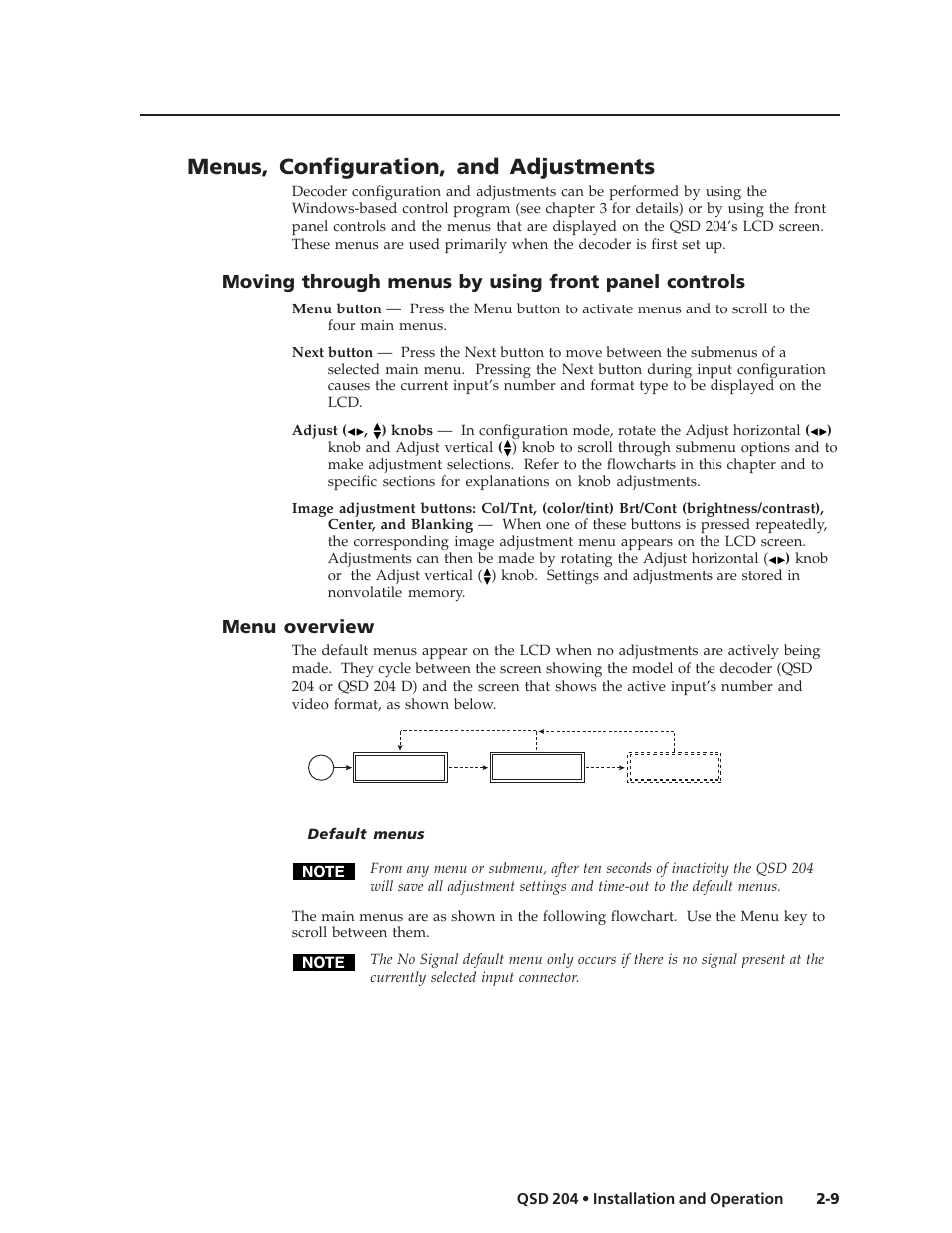 Menus, configuration, and adjustments, Moving through menus by using front panel controls, Menu overview | Extron Electronics QSD 204_204D User Guide User Manual | Page 21 / 48