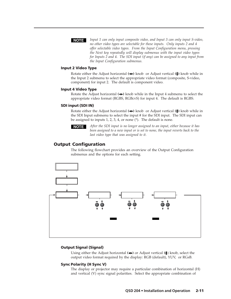 Output configuration, Input 2 video type, Input 4 video type | Sdi input (sdi in), Output signal (signal), Sync polarity (h sync v) | Extron Electronics QSD 204_204D User Guide User Manual | Page 23 / 48