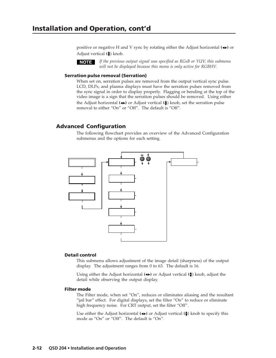 Installation and operation, cont’d, Advanced configuration, Serration pulse removal (serration) | Detail control, Filter mode | Extron Electronics QSD 204_204D User Guide User Manual | Page 24 / 48