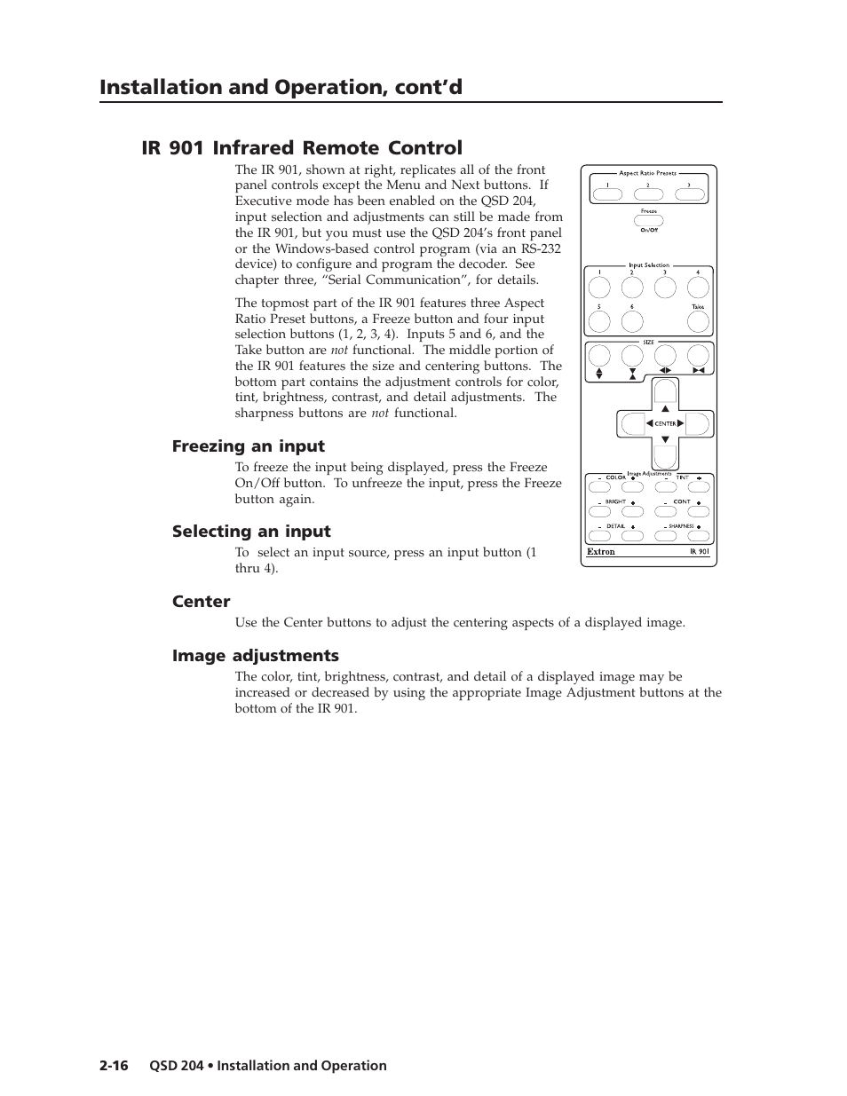 Installation and operation, cont’d, Ir 901 infrared remote control | Extron Electronics QSD 204_204D User Guide User Manual | Page 28 / 48