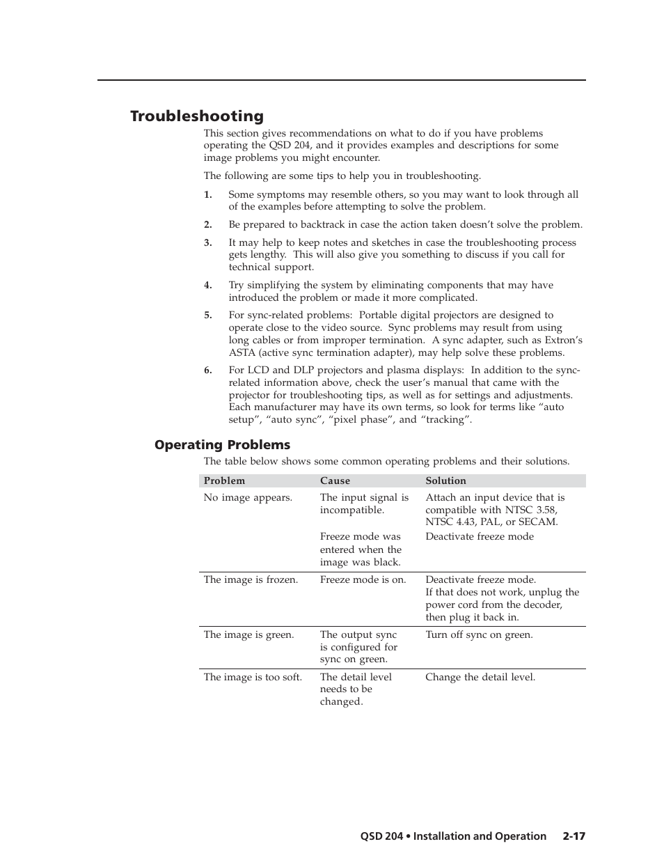 Troubleshooting, Operating problems | Extron Electronics QSD 204_204D User Guide User Manual | Page 29 / 48