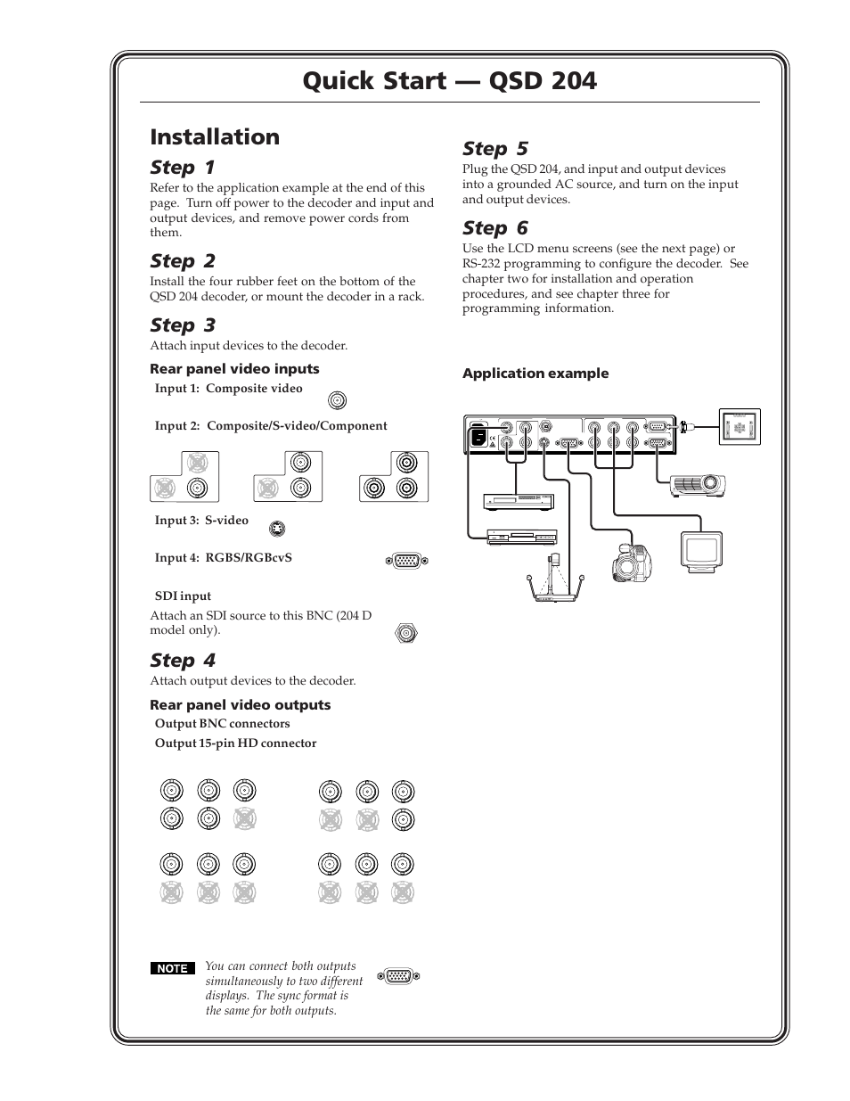 Quick start — qsd 204, Installation, Step 1 | Step 2, Step 3, Step 4, Step 5, Step 6, Rear panel video inputs, Rear panel video outputs | Extron Electronics QSD 204_204D User Guide User Manual | Page 3 / 48