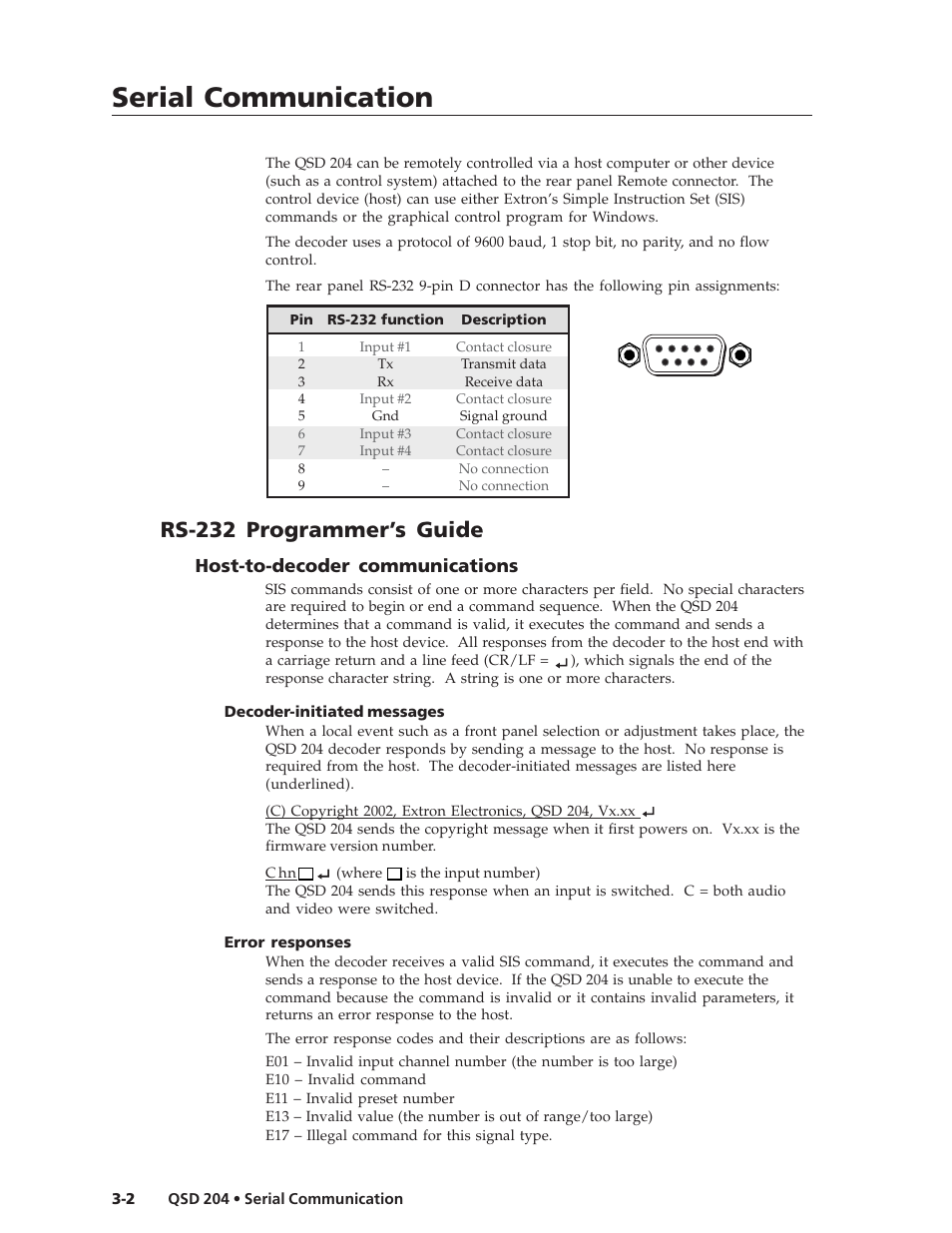 Serial communication, Rs-232 programmer’s guide, Host-to-decoder communications | Extron Electronics QSD 204_204D User Guide User Manual | Page 32 / 48