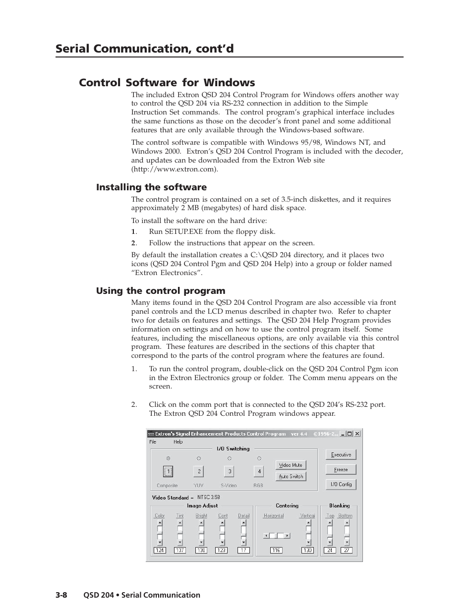 Serial communication, cont’d, Control software for windows | Extron Electronics QSD 204_204D User Guide User Manual | Page 38 / 48