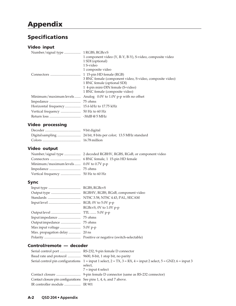 Appendix, Specifications | Extron Electronics QSD 204_204D User Guide User Manual | Page 42 / 48