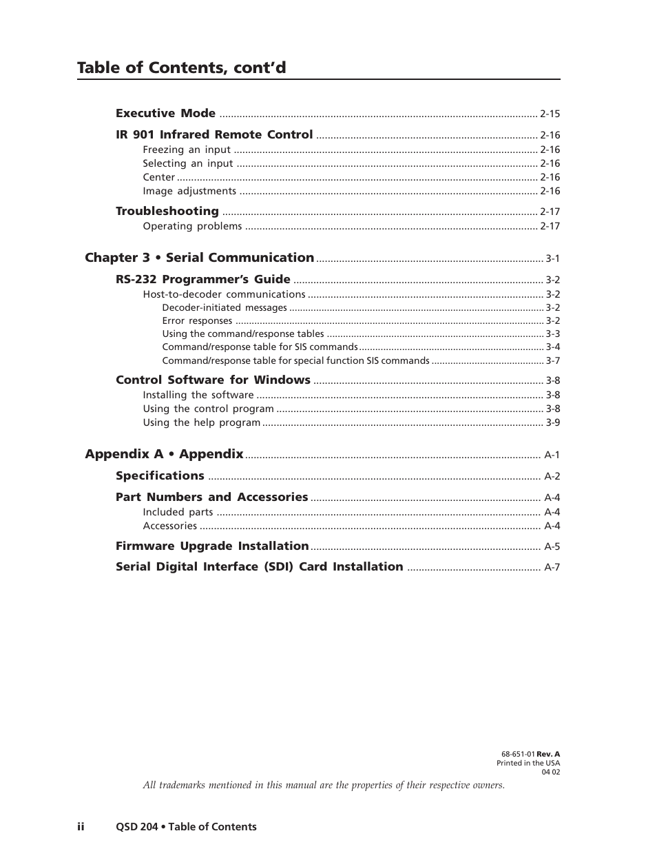 Table of contents, cont’d | Extron Electronics QSD 204_204D User Guide User Manual | Page 8 / 48