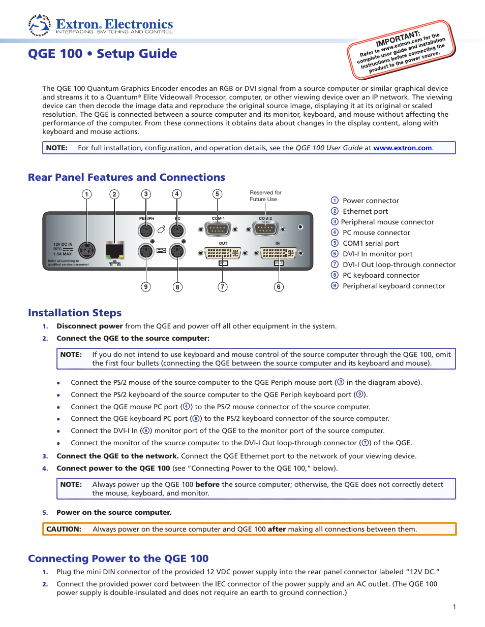 Extron Electronics QGE 100 Setup Guide User Manual | 4 pages