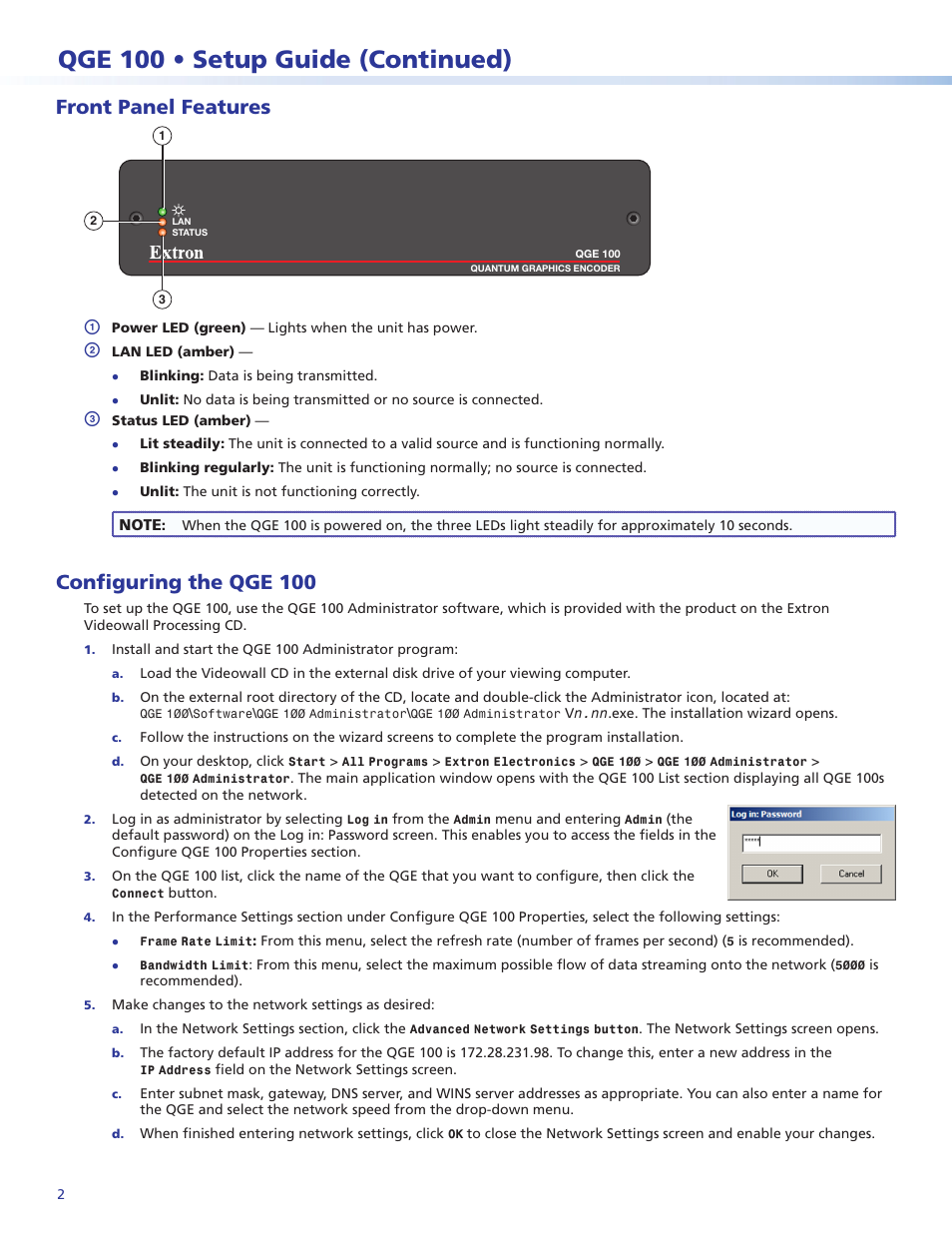 Qge 100 • setup guide (continued), Front panel features, Configuring the qge 100 | Extron Electronics QGE 100 Setup Guide User Manual | Page 2 / 4