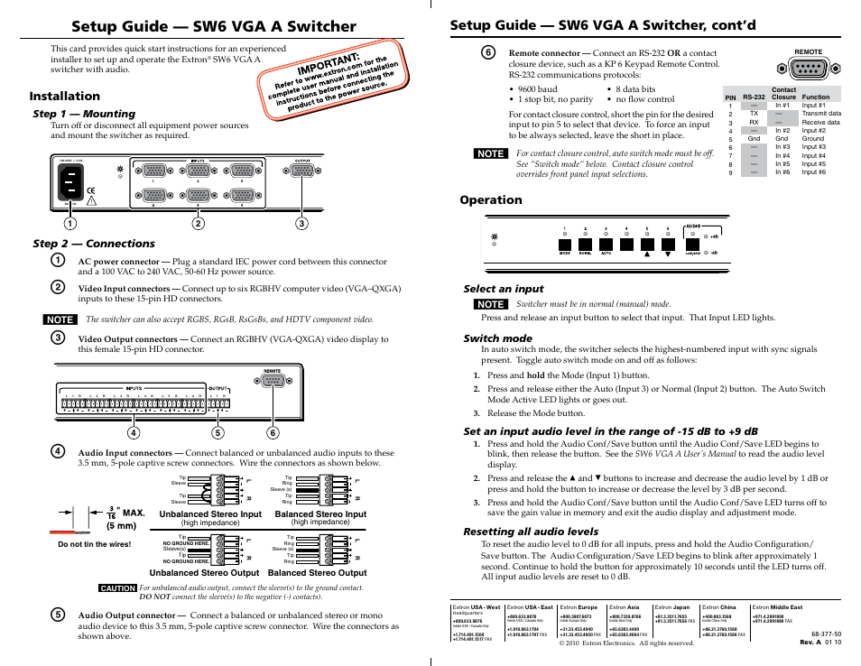 Extron Electronics SW6 VGA A Switcher Setup Guide User Manual | 1 page