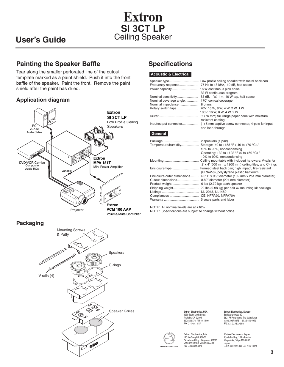 Si 3ct lp, Ceiling speaker user’s guide, Painting the speaker baffle | Specifications, Application diagram, Packaging | Extron Electronics SI 3CT LP User Guide User Manual | Page 3 / 3