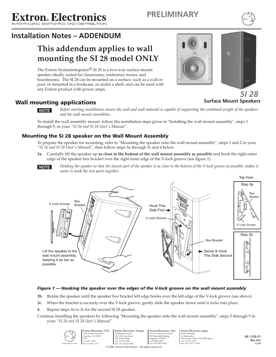 Extron Electronics SI 28 Installation ADDENDUM User Manual | 1 page