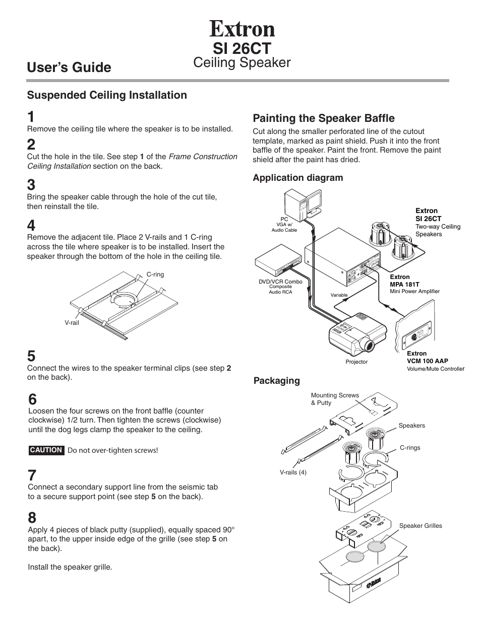 Si 26ct, Ceiling speaker user’s guide, Suspended ceiling installation | Painting the speaker baffle | Extron Electronics SI 26CT User Guide User Manual | Page 2 / 2
