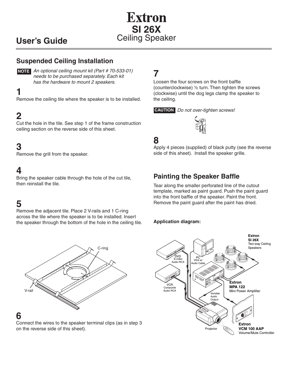Si 26x, Ceiling speaker user’s guide, Suspended ceiling installation | Painting the speaker baffle | Extron Electronics SI 26X User Guide User Manual | Page 2 / 2