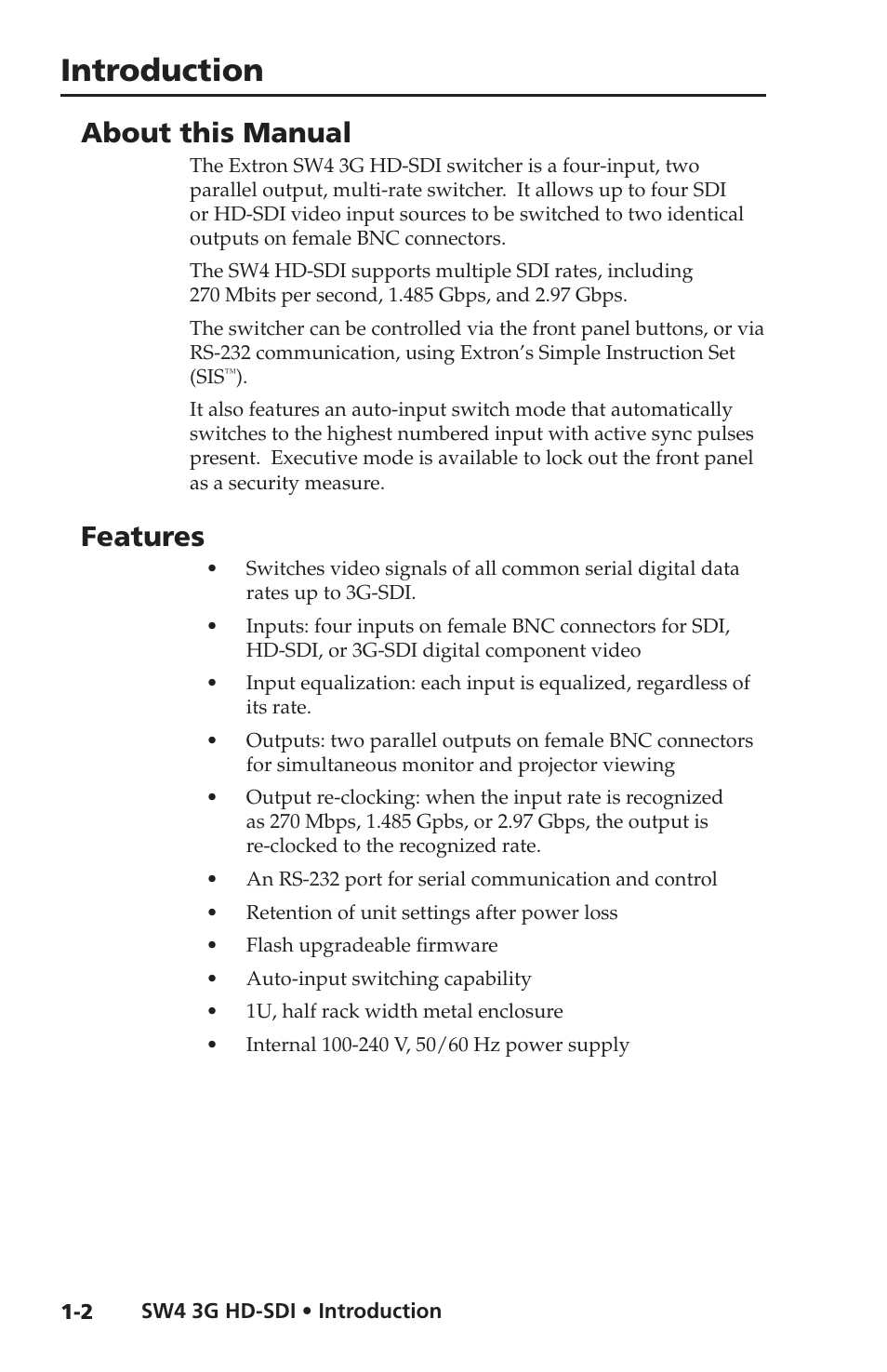 About this manual, Features, Introduction | Extron Electronics SW4 3G HD-SDI User Guide User Manual | Page 12 / 42