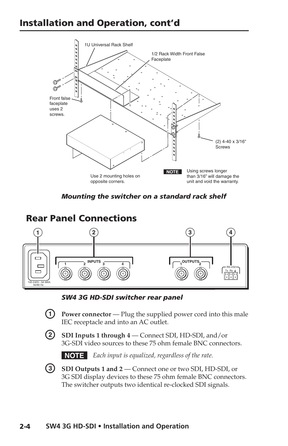 Rear panel connections, Installation and operation, cont’d | Extron Electronics SW4 3G HD-SDI User Guide User Manual | Page 18 / 42