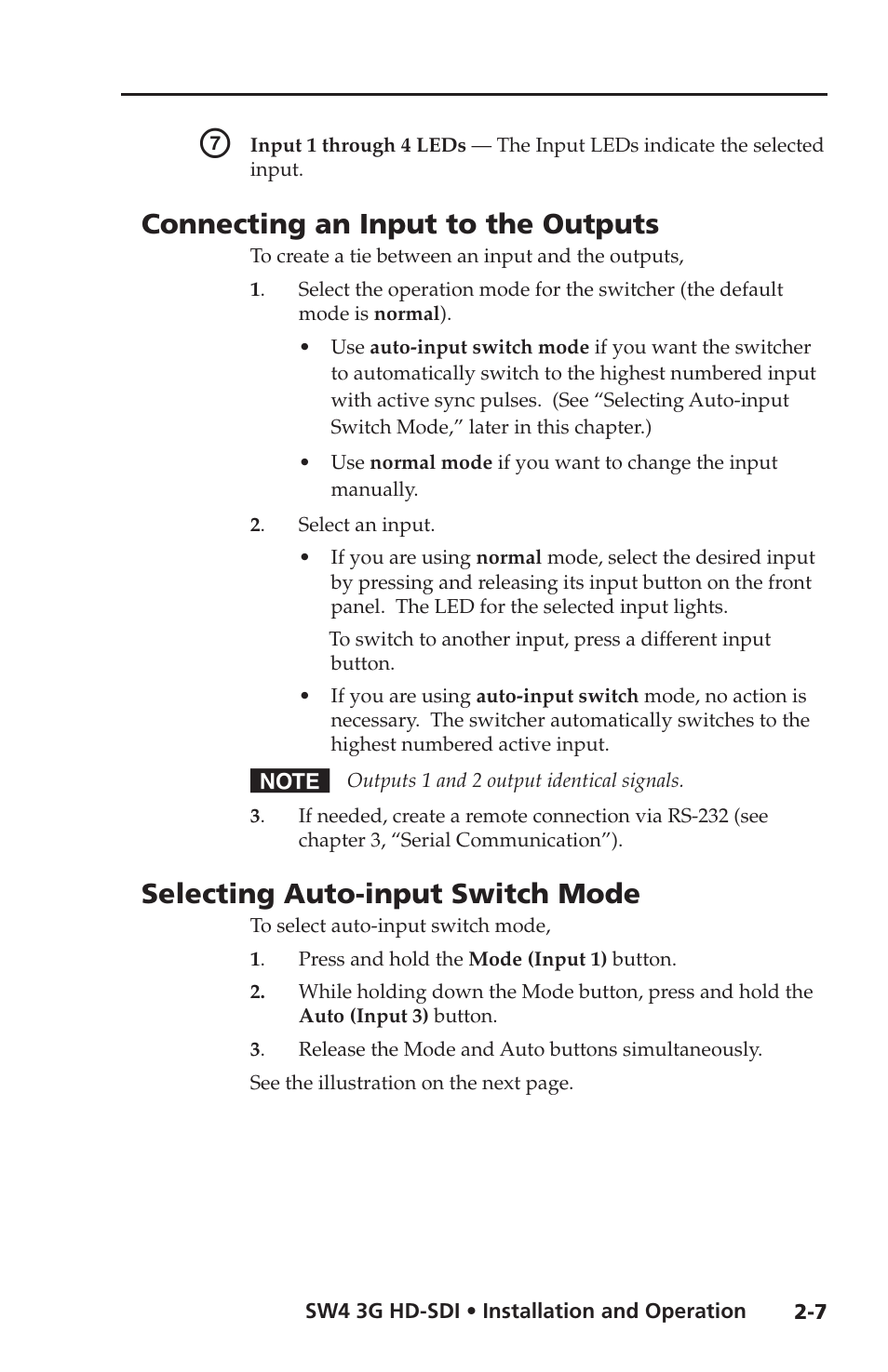 Selecting autoswitch mode, Selecting auto-input switch mode, Connecting an input to the outputs | Selecting auto-input switch mode | Extron Electronics SW4 3G HD-SDI User Guide User Manual | Page 21 / 42