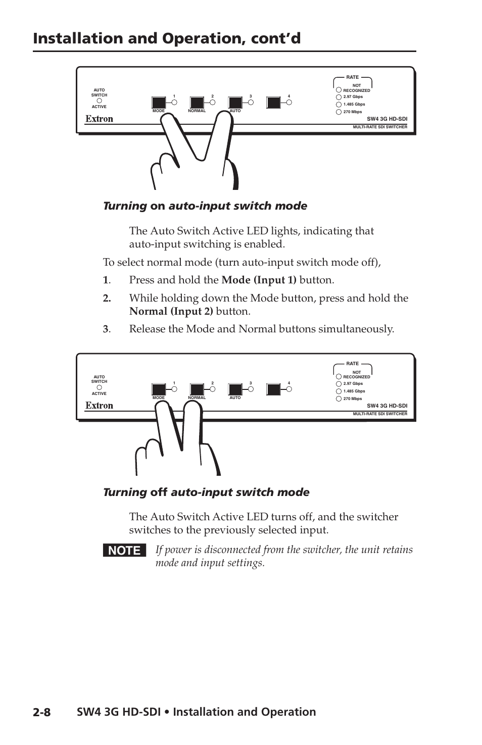 Locking the front panel, Resetting, Locking the front panel | Installation and operation, cont’d, Sw4 3g hd-sdi • installation and operation, Turning on auto-input switch mode, Turning off auto-input switch mode | Extron Electronics SW4 3G HD-SDI User Guide User Manual | Page 22 / 42