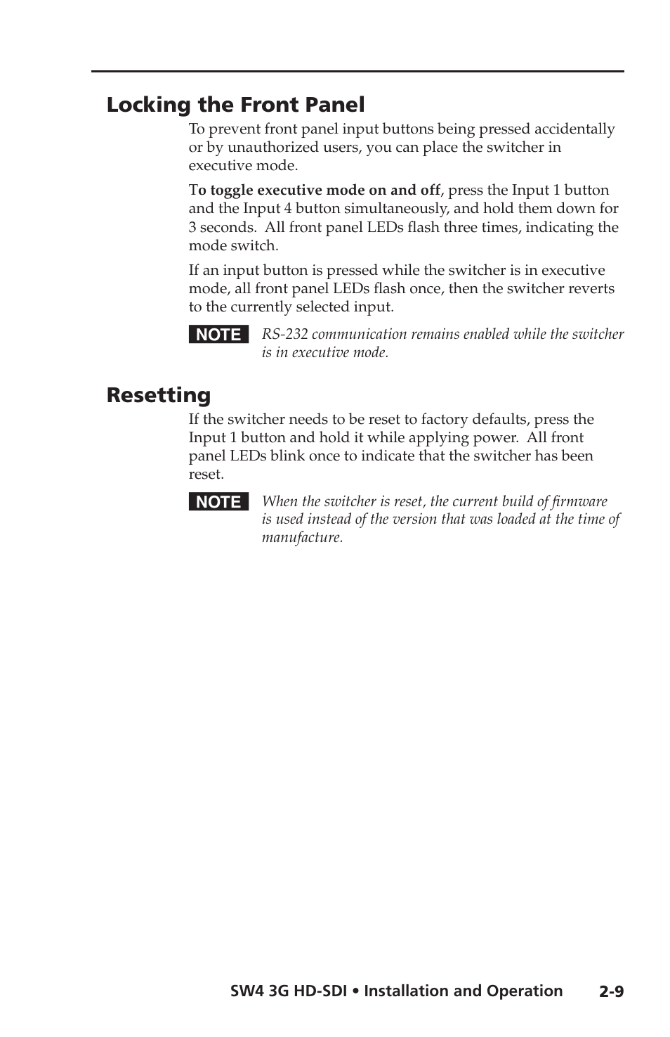 Locking the front panel, Resetting | Extron Electronics SW4 3G HD-SDI User Guide User Manual | Page 23 / 42