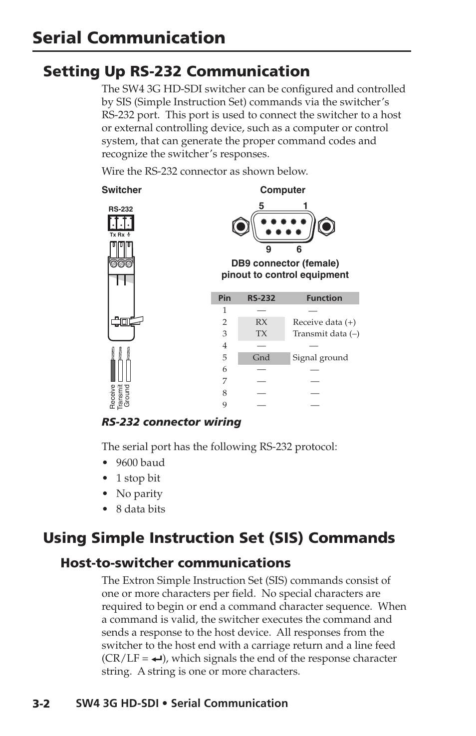 Setting up rs-232 communication, Using simple instruction set (sis) commands, Host-to-switcher communications | Setting up rs-232 communication, Using simple instruction set (sis) commands, Host-to-switcher communications -2, Serial communication, Sw4 3g hd-sdi • serial communication, Rs-232 connector wiring | Extron Electronics SW4 3G HD-SDI User Guide User Manual | Page 26 / 42