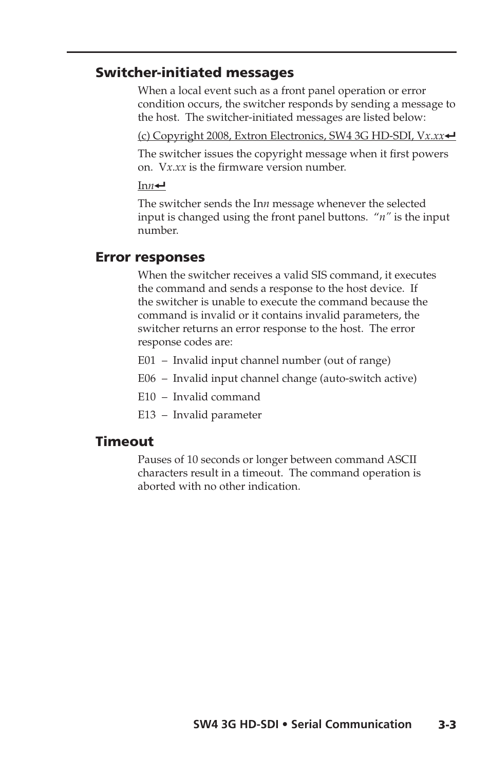 Switcher-initiated messages, Error responses, Timeout | Extron Electronics SW4 3G HD-SDI User Guide User Manual | Page 27 / 42