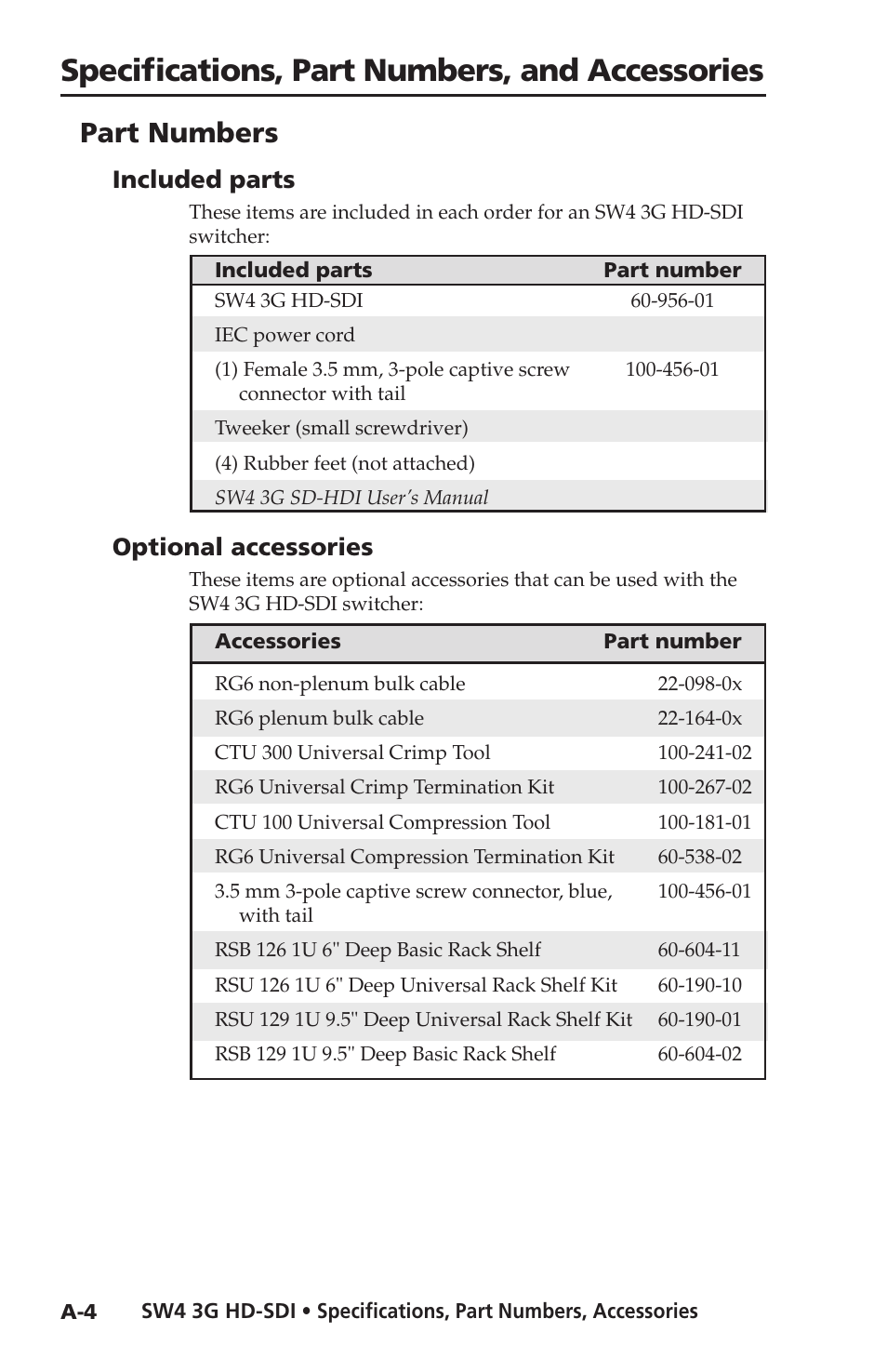 Parts, Included parts, Optional accessories | Specifications, part numbers, and accessories, Part numbers | Extron Electronics SW4 3G HD-SDI User Guide User Manual | Page 40 / 42
