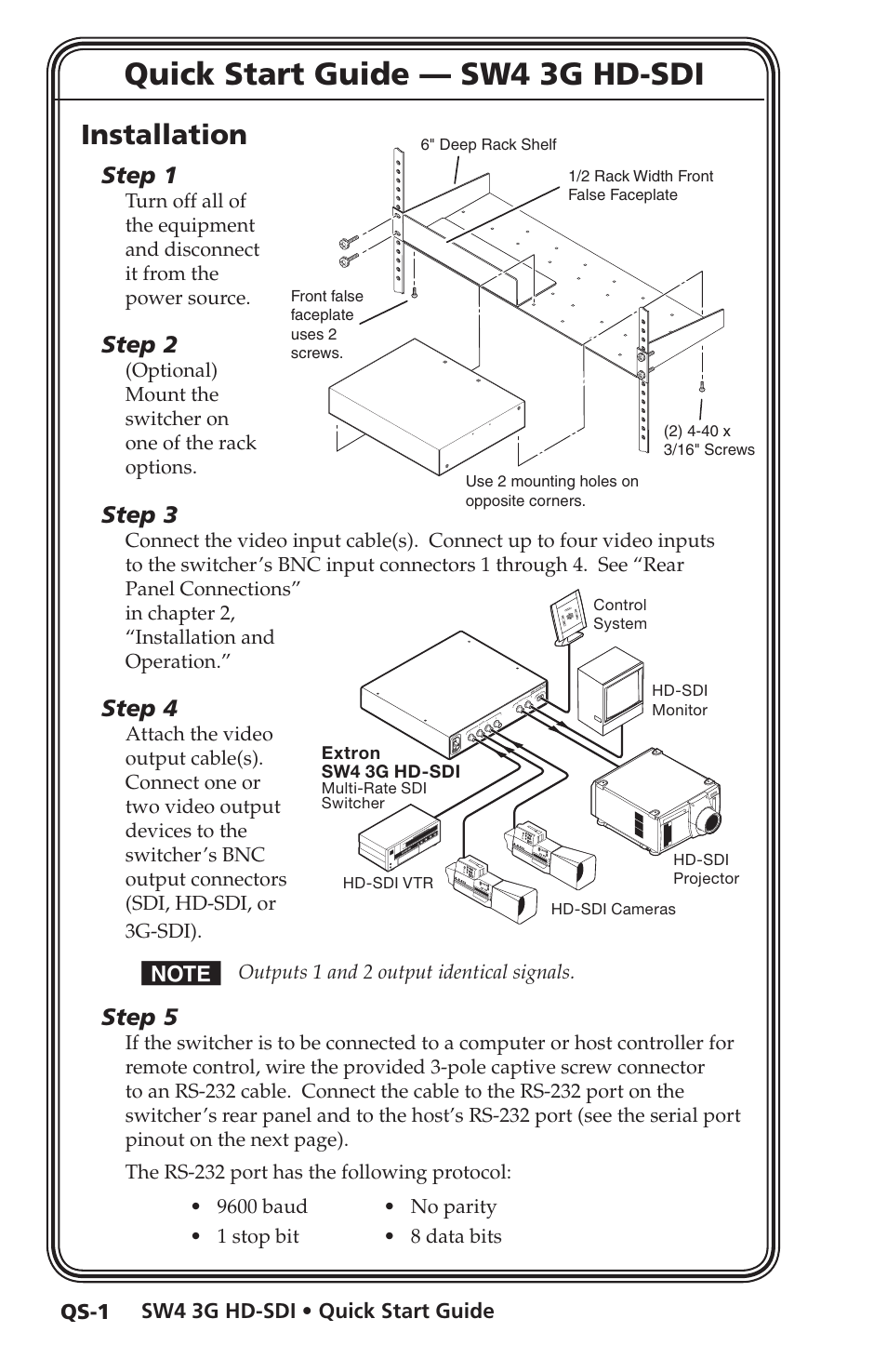 Quick start guide — sw4 3g hd-sdi, Installation, Step 1 | Step 2, Step 3, Step 4, Step 5 | Extron Electronics SW4 3G HD-SDI User Guide User Manual | Page 5 / 42