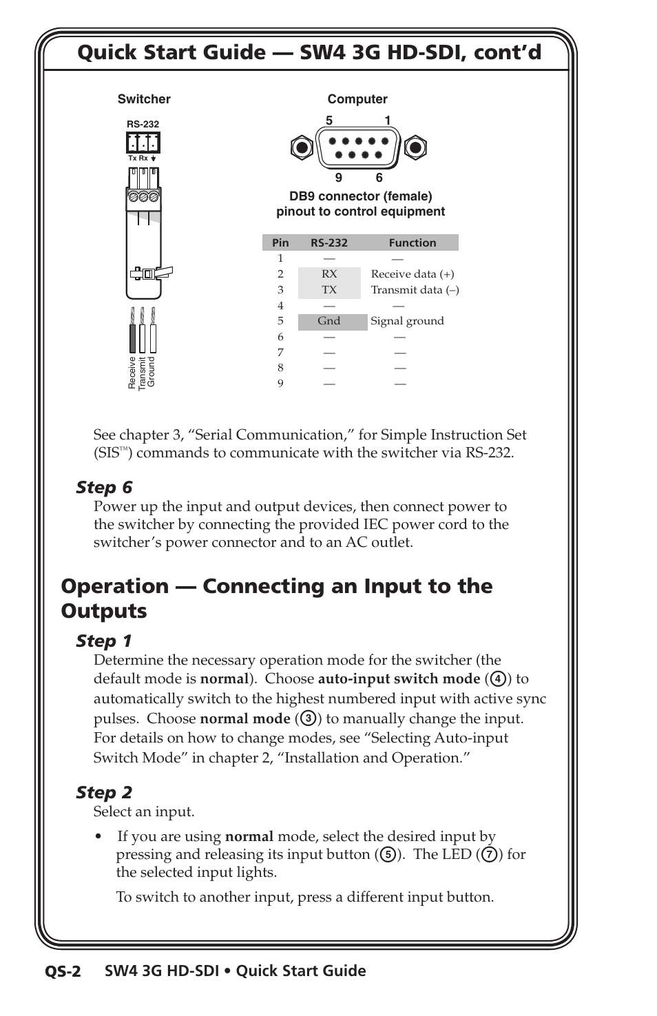 Quick start guide — sw4 3g hd-sdi, cont’d, Operation — connecting an input to the outputs, Step 6 | Step 1, Step 2 | Extron Electronics SW4 3G HD-SDI User Guide User Manual | Page 6 / 42