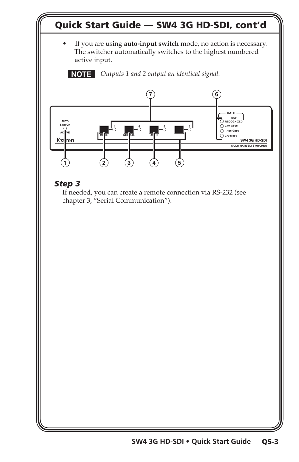 Quick start guide — sw4 3g hd-sdi, cont’d, Step 3, Sw4 3g hd-sdi • quick start guide qs-3 | Outputs 1 and 2 output an identical signal | Extron Electronics SW4 3G HD-SDI User Guide User Manual | Page 7 / 42