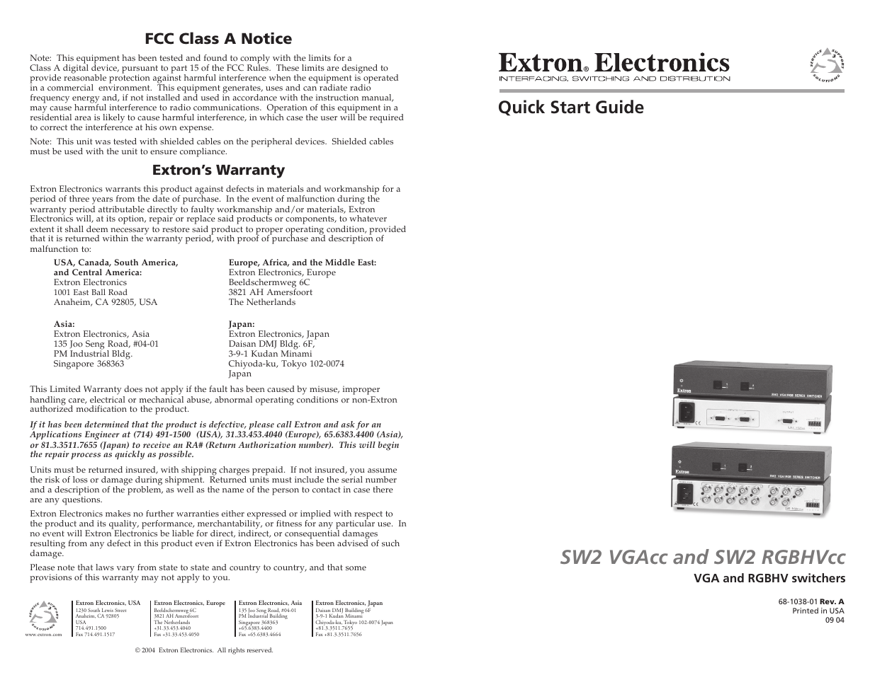 Extron Electronics SW2 RGBHVcc Quick Start Guide User Manual | 2 pages