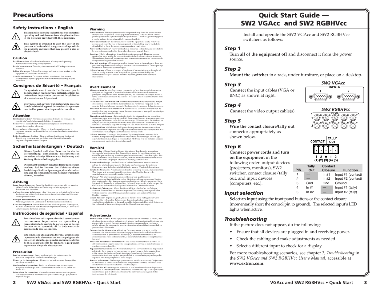 Precautions, Quick start guide — sw2 vgacc and sw2 rgbhvcc, Step 1 | Step 2, Step 3, Step 4, Step 5, Step 6, Input selection, Troubleshooting | Extron Electronics SW2 RGBHVcc Quick Start Guide User Manual | Page 2 / 2